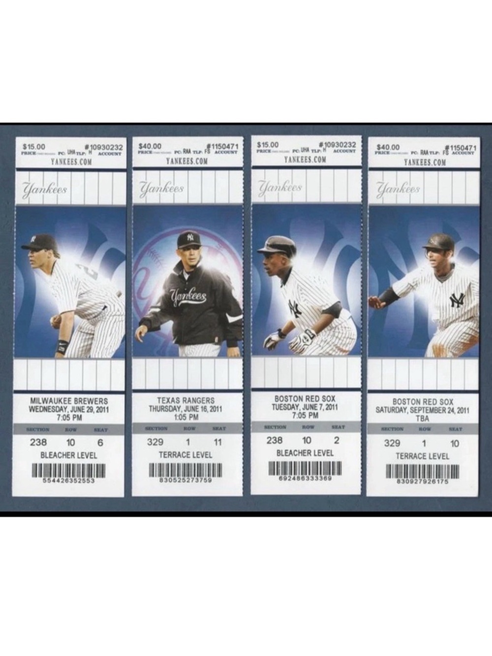 2011 NEW YORK YANKEES STADIUM: Set of 4 Different Unused Season Photo-Tickets